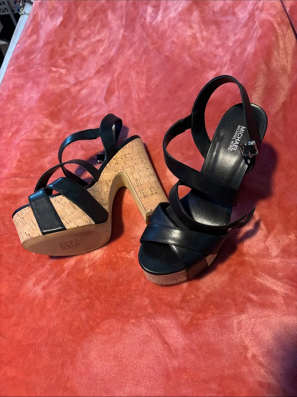 Michael Kors Black Leather Cork Platform Wedge Sandals